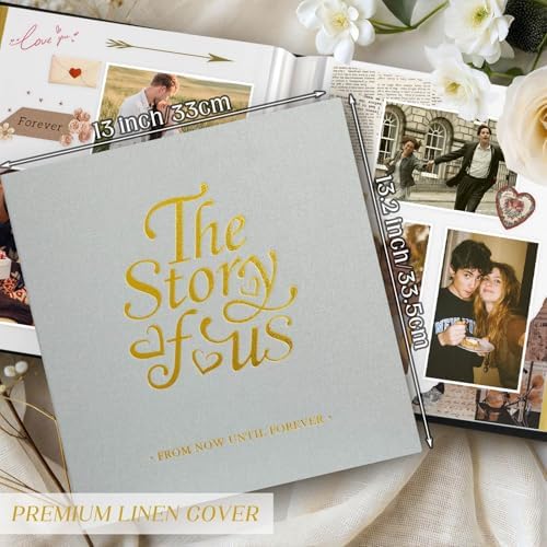 Lanpn Couples Scrapbook Photo Album - The Story of Us, Linen Wedding Anniversary Self Adheisve Picture Book holds 4x6 5x7 A5 Photo for Love Newlywed Valentine's Day (Large 40 Sheets/80 Pages, Grey) - Image 2