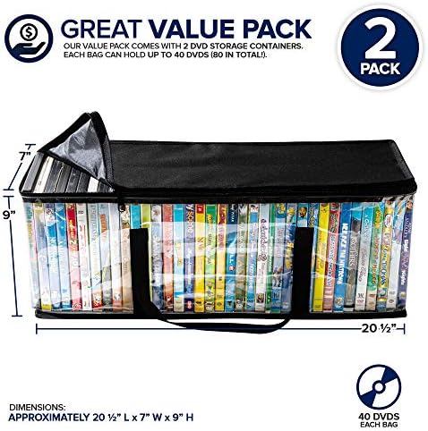 Stock Your Home DVD Storage Bags (Set of 2) Media Organizer Bag for DVDs, CDs, Blu Ray Disc, Movie Cases, VHS Box, Video Game Disks, Clear Plastic Holders with Carrying Handles and Zipper - Black - Image 3