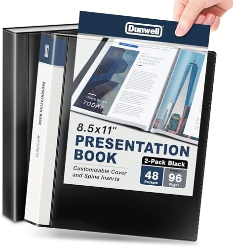 Dunwell Presentation Binder 48-Pocket, Displays 96 Pages, 8.5x11 Portfolio Binder with Plastic Sleeves, Storage and Organizer for Documents, Photos, Kids Artwork, Projects, Recipes (2 Pack, Black) by Dunwell