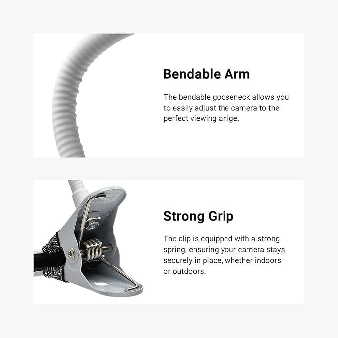 Indoor Outdoor Security Camera Flexible Clip Mount, White | Universal 1/4"-20 threaded clamp bracket, fits Ring/Blink/Wyze/Arlo and more, 15cm adjustable gooseneck arm - Image 4