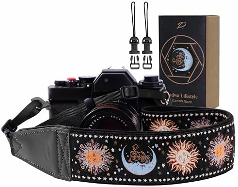 Padwa Lifestyle Night Sun God Camera Strap - 2" Full Grain Leather Ends Camera Straps for Photographers, Vintage Embroidered Cotton Soft Suede Fabric Padded Strap Quick Release fits All Cameras by PadwaLifestyleCameraStrap