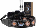 Padwa Lifestyle Night Sun God Camera Strap - 2" Full Grain Leather Ends Camera Straps for Photographers, Vintage Embroidered Cotton Soft Suede Fabric Padded Strap Quick Release fits All Cameras by PadwaLifestyleCameraStrap