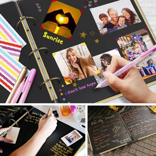Photo Album DIY Scrapbook, 10x10 inch 50 Pages Double Sided, Vintage Hardcover Three-Ring Binder Picture Booth with 408pcs 6 Colors Self Adhesive Photos Corners (Champagne, Gold Blocking Heart) - Image 5