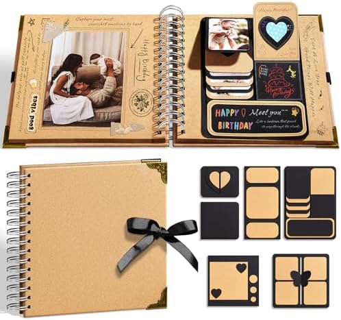 8x8 Scrapbook Kit, Photo Album DIY Scrapbook with 40 Pages Thick 250gsm Kraft Paper, Metal Corner Protectors, 3D Interactive Elements & Glue Pen for Wedding, Anniversary & Baby, Brown by Targonixus