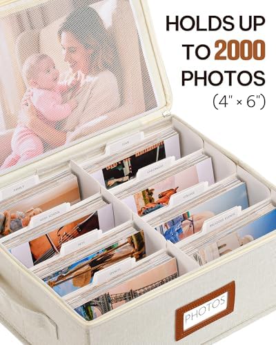 Photo Storage Box, 2000 4x6 Photo Organizer with 8 Dividers, Beige - Image 2