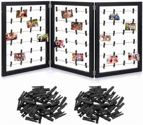 Geelin 54 x 24 Inch Photo Display Board with Clip Farmhouse Picture Display Wooden Rustic Freestanding Picture Collage Frame Wedding Tabletop Decor for Home Dorm (3 Panel,Black) by Geelin