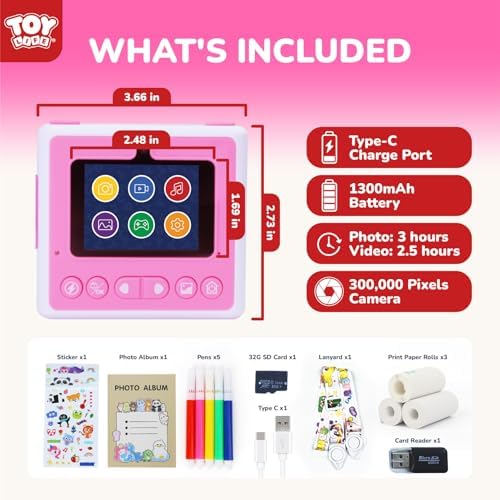 TOY Life Kids Instant Print Camera, 1080P, Ages 3-12, Pink - Image 3