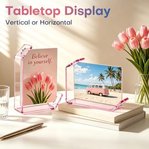 3.5x5inch L Shaped Acrylic Picture Frame, 2 Pack Double Sided Floating Photo Stand for Tabletop, Horizontal Vertical Display Holder Home Office Decor Family Wedding Anniversary, Pink - Image 3