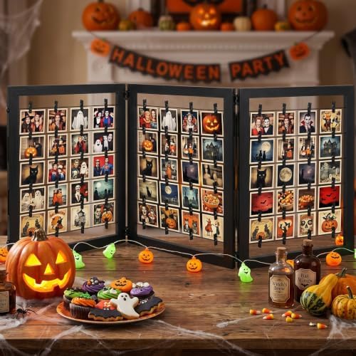 Geelin 54 x 24 Inch Photo Display Board with Clip Farmhouse Picture Display Wooden Rustic Freestanding Picture Collage Frame Wedding Tabletop Decor for Home Dorm (3 Panel,Black) - Image 4