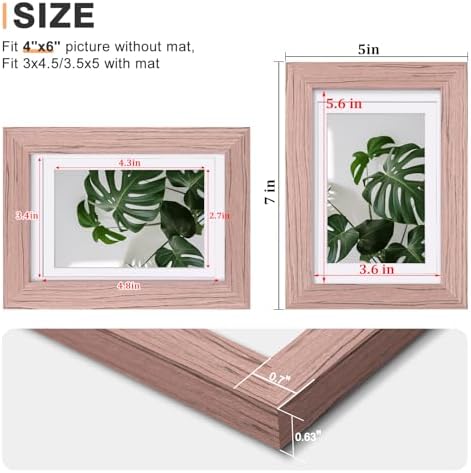 Egofine 4x6 Picture Frames Set of 4, Made of Solid Wood Covered by Plexiglass 3x4.5 and 3.5x5 with Mat or 4x6 without Mat, for Table Top Display and Wall Mounting Photo Frame, Peach Pink - Image 3