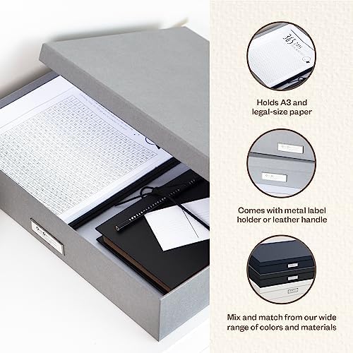 Bigso Sverker Fiberboard Legal and Art Storage Box | Scrapbook Storage Box for Loose Papers and More | Durable Document Boxes with Lid and Metal Label Holder | 17.1’’ x 12.2’’ x 3.3’’ | Grey - Image 4