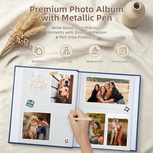Popotop Photo Album Self Adhesive with Picture Display Window,60 Pages DIY Scrapbooking Supplies Kit for 4x6 8x10 Picture,Linen Cover Memory Book for Baby Wedding, with Scraper and Metallic Pen - Image 4