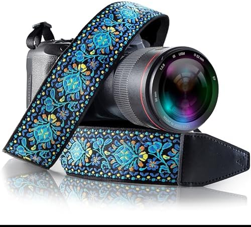Camera Strap - Shoulder, Crossbody & Neck Camera Strap for Photographers, Fits All Cameras, Canon Nikon Sony Fujifilm, Padded Strap W/ Quick Release, Embroidered Cotton & Leather Ends, Blue by ArtTribute