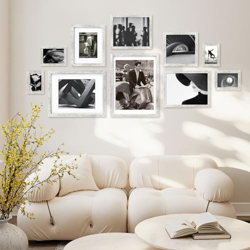 Egofine 12x16 Picture Frames Set of 4, Made of Solid Wood Covered by Plexiglass 9x12 and 11x14 with Mat or 12x16 without Mat, for Wall Mounting Photo Frame Driftwood White - Image 6