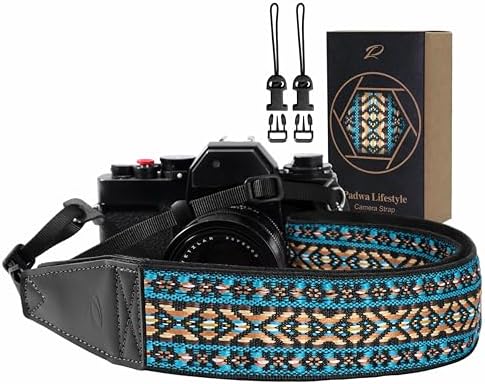 Padwa Lifestyle Boho Blue Camera Strap - 2" Full Grain Leather Ends Camera Straps for Photographers, Vintage Embroidered Cotton Weave Soft Suede Fabric Padded Strap Quick Release fits All Cameras by PadwaLifestyleCameraStrap