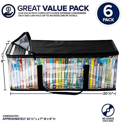 Stock Your Home DVD Storage Bags (Set of 6) Media Organizer Bag for DVDs, CDs, Blu Ray Disc, Movie Cases, VHS Box, Video Game Disks, Clear Plastic Holders with Carrying Handles and Zipper - Black - Image 3