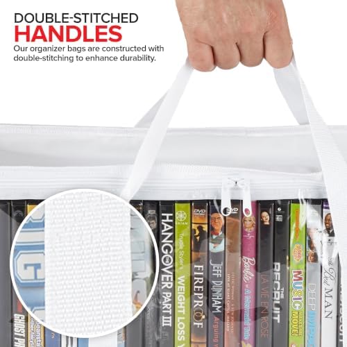 Stock Your Home DVD Storage Bags (Set of 2) Media Organizer Bag for DVDs, CDs, Blu Ray Disc, Movie Cases, VHS Box, Video Game Disks, Clear Plastic Holders with Carrying Handles and Zipper - White - Image 5