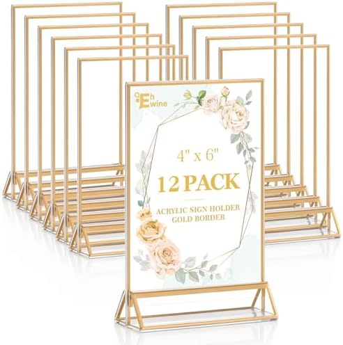 EHWINE 12 Pack Gold Acrylic Sign Holder 4x6 Double Sided Tabletop Stand by EHWINE