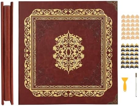 Photo Album Large 4x6 Pictures,Artificial Leather Photo Album Scrapbook 11.02"x11.46", Vintage 80 Pages DIY Self Adhesive Pages Memory Book for Wedding with Metal Pen,Deep Brown by Unknown