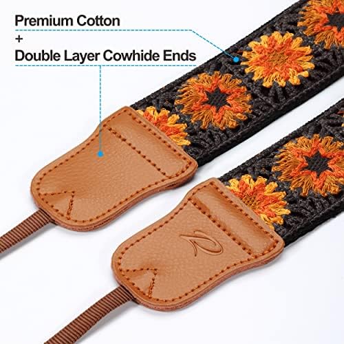 Padwa Lifestyle Hollow Crochet Orange Daisy Camera Strap - Double Layer Cowhide Ends,2" Cotton Vintage Camera Straps, Adjustable Neck Shoulder Strap for All DSLR Cameras,Great Gift for Photographers - Image 2