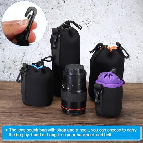 PATIKIL Camera Lens Bag, 2 Pcs 3.7" ID x 9.8" H Cylindrical Drawstring Lens Pouch with Thick Protective Neoprene, Lens Case for DSLR Camera Lens, Water Coffee Cups Black, Purple - Image 5