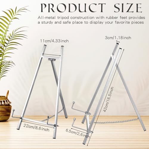 Leinuosen Metal Easel Stand 16.5" H x 8.7" W x 4.3" D Table Top Easel Stand for Display Tripod Art Picture Mirror Modern Plate Holder for Display Book Photo Wedding Sign(Silver) - Image 2