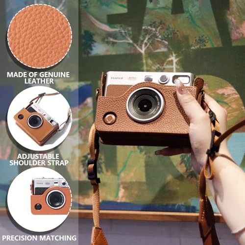 CAIYOULE EVO Camera Case for Fujifilm Instax Mini EVO,Genuine Leather Carrying Case，Includes Mini Camera Bag, Photo Album, Woven Hand Strap, Lens Cap, Screen Protector, Photo Frame - Brown - Image 2