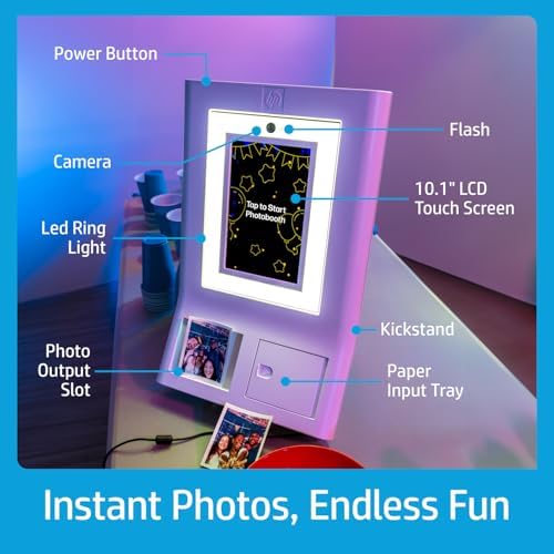 HP Sprocket Photo Booth Machine Instant Color Photo Printer - 10.1" Touchscreen, LED Ring Light - Customize w/250+ Fun Frames, Prints on 3x4 Zink Paper or Share via QR Code, Mobile Notify App - Pink - Image 4