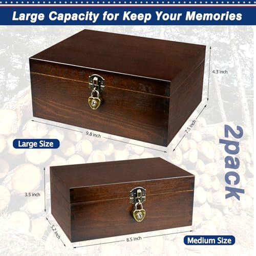 Wood Keepsake Boxes with Lock and Keys Handcrafted Decorative Wooden Storage Case Cabinet Container Hinged Lid Country Rustic Style Organizer for Trinkets Gift Card Collection Coffee Color 2 Pack - Image 3