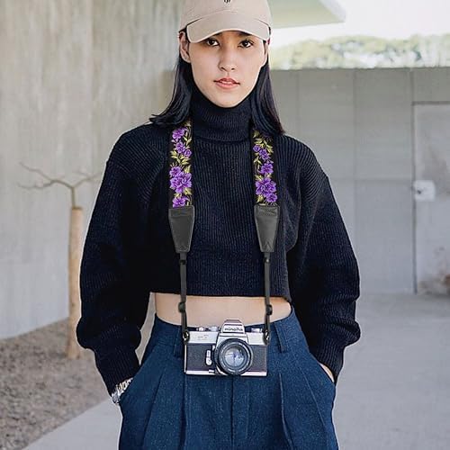 Padwa Lifestyle Purple Rose Camera Strap - 2" Full Grain Leather Ends Camera Straps for Photographers, Vintage Embroidered Cotton Soft Suede Fabric Padded Strap Quick Release fits All Cameras - Image 3