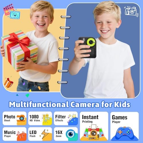 Okaloka Kids Instant Print Camera Toys,1080P HD Toddler Digital Video Camera,Birthday for Girls Boys Age 3-12 Year Old - TF Card Included (Black) - Image 2