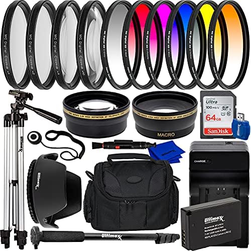 Ultimaxx 49mm Accessory Kit for Canon EOS M, M10, M100, M200, M50, M50, Mark II, Rebel SL1 &More - Includes: Ultra 64GB SDXC, 0.43x Wide Angle Lens Attachment, 6PC Gradual Color Filter Kit & Much More by Ultimaxx
