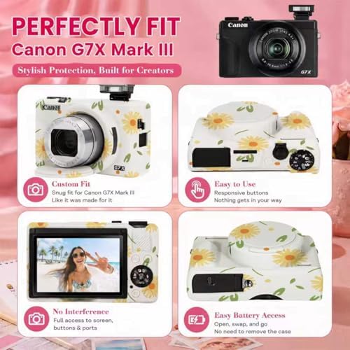 Camera Case for Canon G7X Mark III,Soft Silicone Protective Cover with Removable Lens Cap,Shockproof Anti-Scratch Compatible with Canon PowerShot G7X3 for Women (Beige Floral) - Image 4