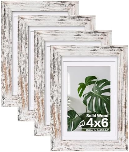 Egofine 4x6 Picture Frames Set of 4, Made of Solid Wood Covered by Plexiglass 3x4.5 and 3.5x5 with Mat or 4x6 without Mat, for Table Top Display and Wall Mounting Photo Frame Rustic White by Egofine