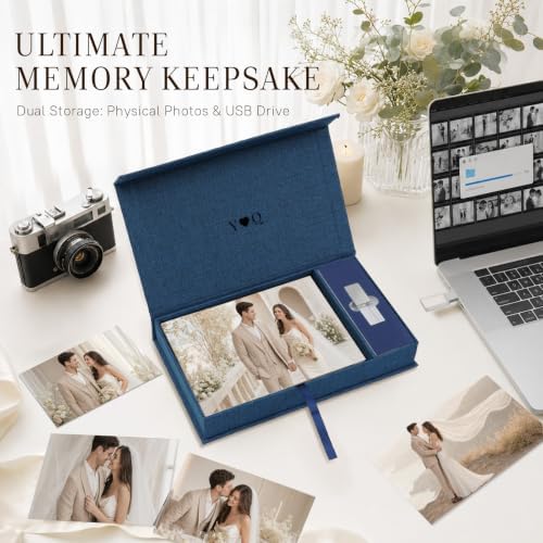 Photo Storage Box, Linen with USB Compartment - Navy, 5x7 Inch - Image 2