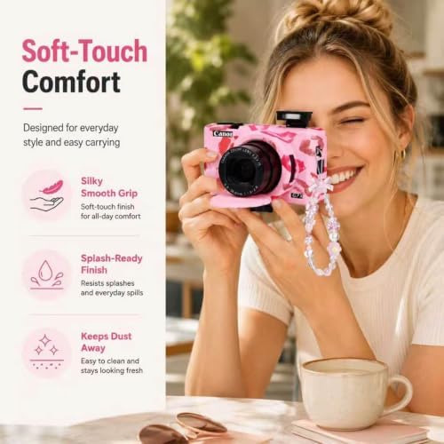 Cute Camera Case for Canon G7X Mark III,Silicone Protective Cover with Removable Lens Cap,Bracelet Wrist Strap & 2 Pack Tempered Glass Screen Protector for Women (Pink Lips) - Image 4