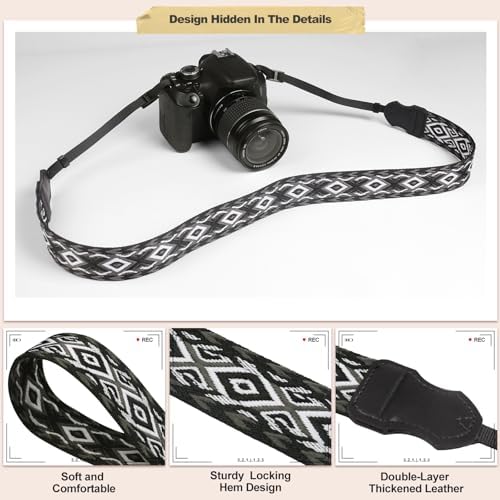 Universal Camera Strap - Camera Neck Strap, Adjustable Shoulder Straps Compatible with Canon, Fujifilm, Nikon, Olympus, Panasonic and other SLR and mirrorless cameras - Black Grey White Rhombus - Image 5
