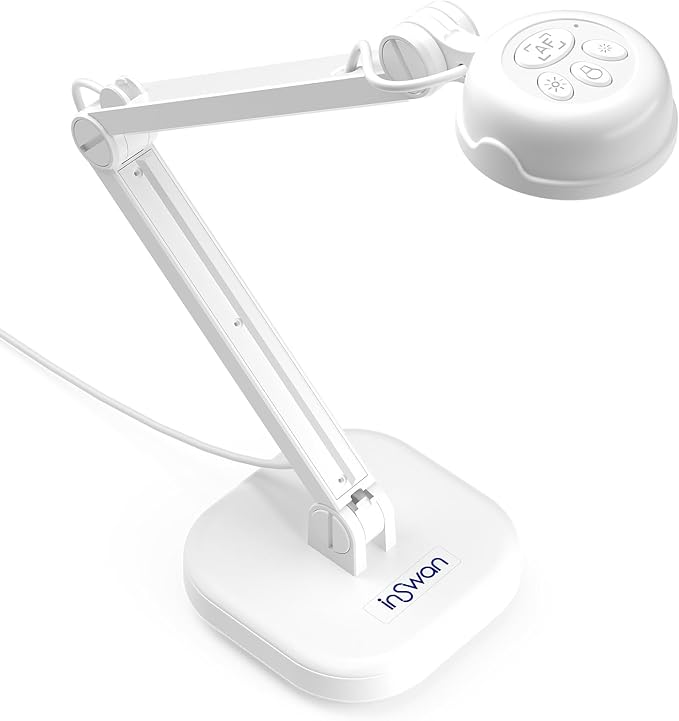 INS-1 Classic USB Document Camera/Webcam, 8MP, Built-in LED, Mic | Auto Focus, Plug & Play, Compatible with Windows / Mac / Chromebook for Distance Learning, Live Demo, Online Teaching, White by INSWAN