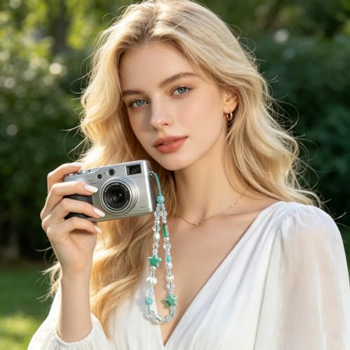 2 Pcs Phone Charm Strap Hand Wrist Strap Camera Lanyard Pearl Beaded Cute Chain String Accessories Universal for iPhone 17 Pro Max 16 15 14 for Samsung Women Girls Keychain Bag Green Flower and Star - Image 2