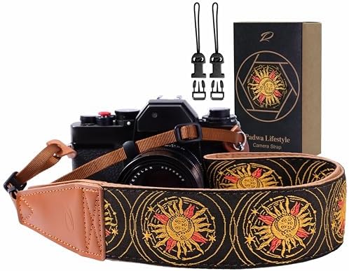 Padwa Lifestyle Yellow Sun God Camera Strap - 2" Full Grain Leather Ends Camera Straps for Photographers, Vintage Embroidered Cotton Soft Suede Fabric Padded Strap Quick Release fits All Cameras by PadwaLifestyleCameraStrap
