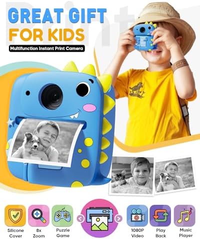 Kids Camera Instant Print with Dinosaur Silicone Case – 1080P Digital Toddler Camera, 3 Rolls Print Paper, Birthday for Boys Girls Age 3-8 (Blue) - Image 4
