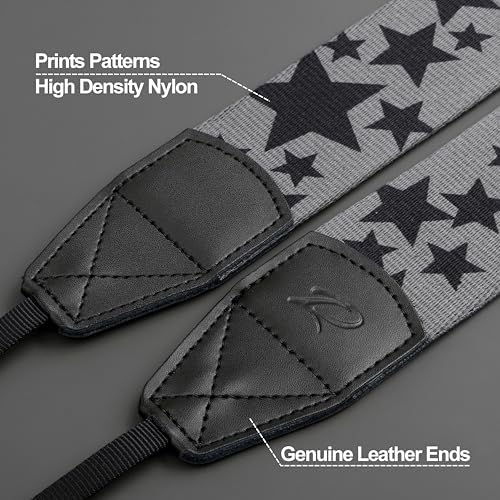 Padwa Lifestyle Pentagram Camera Strap - 2" Wide Genuine Leather Ends Camera Straps for Photographers, Vintage Five-Pointed Stars Print Nylon Weave Strap with Camera Quick Release fits All Cameras - Image 2