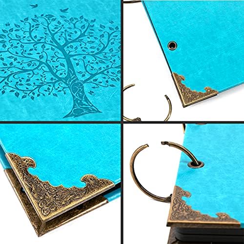Photo Album DIY Scrapbook, 10x10 inch 50 Pages Vintage Leather Cover Three-Ring Binder Picture Booth Albums + 9 Colors 408pcs Self Adhesive Photos Corners for Memory Keep (Family Tree, Cyan) - Image 3