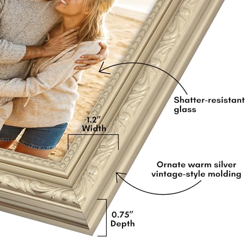 Americanflat 5x7 Picture Frame with Shatter-Resistant Glass - Vintage Frames with Easel - Ornate Picture Frames for Wall and Tabletop Display - Silver - Image 3
