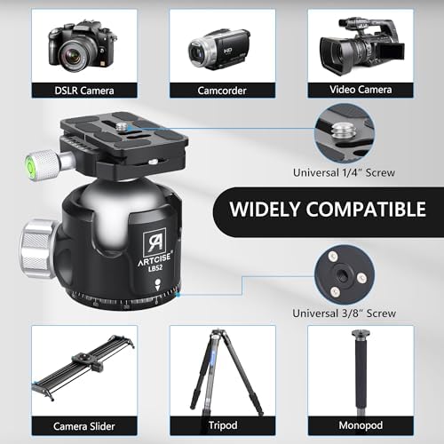 Low Profile Ball Head Tripod Mount Ball Head 52mm Diameter ARTCISE LB52 All Metal CNC Machining with Two 1/4" Quick Release Plates for Tripod, Monopod, DSLR, Camcorder，Max Load 66lbs /30kg - Image 6