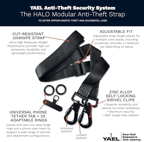YAEL Halo Black Adjustable Cut-Resistant Anti-Theft Security Strap with Locking Clips for Phone, Camera, Bag, Wallet, Keys & More, Includes 2 Hinge Rings & Phone Case Insert - Image 2