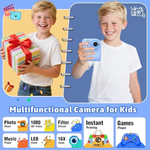 Okaloka Kids Instant Print Camera Toys,1080P HD Toddler Digital Video Camera,Christmas Birthday Gifts for Girls Boys Age 3-12 Year Old - TF Card Included (Blue) - Image 2