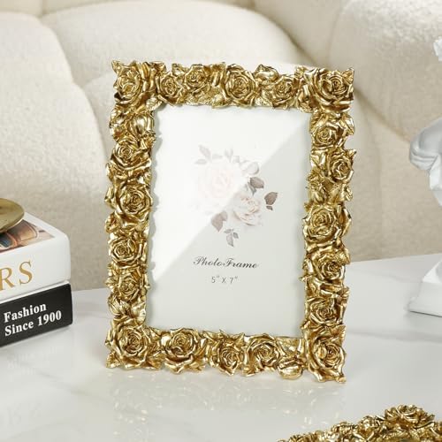 Cuspin 5x7 Gold Rose Picture Frame Vintage Ornate Floral Resin Photo Frame - Image 7