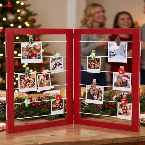 Geelin 36 x 24 Inch Photo Display Board with Clip Farmhouse Picture Display Wooden Rustic Freestanding Picture Collage Frame Wedding Tabletop Decor for Home Dorm (2 Panel,Christmas Red) - Image 6