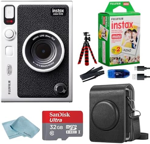 Fujifilm Instant Mini EVO Hybrid Camera Bundle with 20 Instant Film Sheets + 32GB Memory Card + Carrying Case + Flex Tripod + BluebirdSales Cleaning Cloth (Black) by FUJIFILM